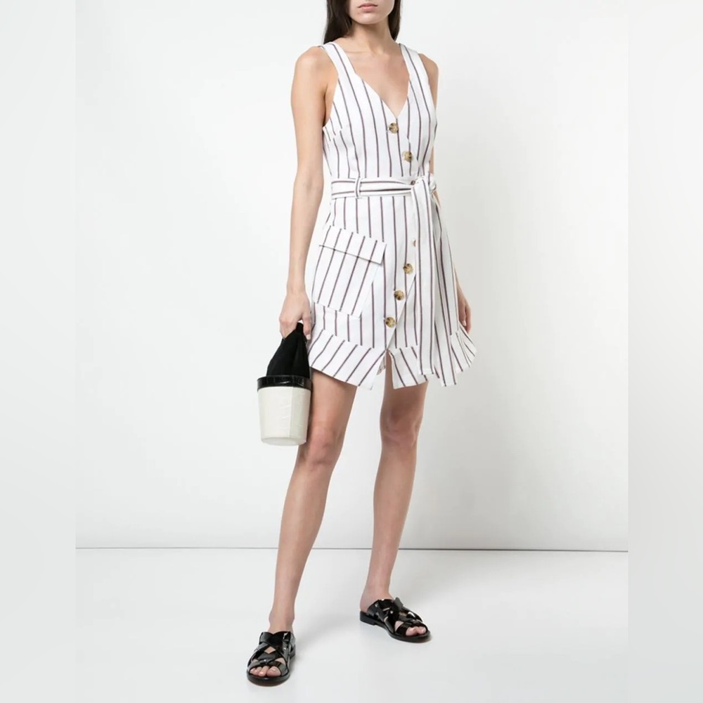 DEREK LAM Belted White and Red Striped Asymmetrical Placket Dress